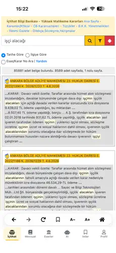KAZANCI Mobil uygulamasında içtihat ekranı